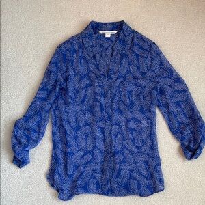 Diane Von Furstenberg Blue 3/4 Sleeve Button Down Shirt